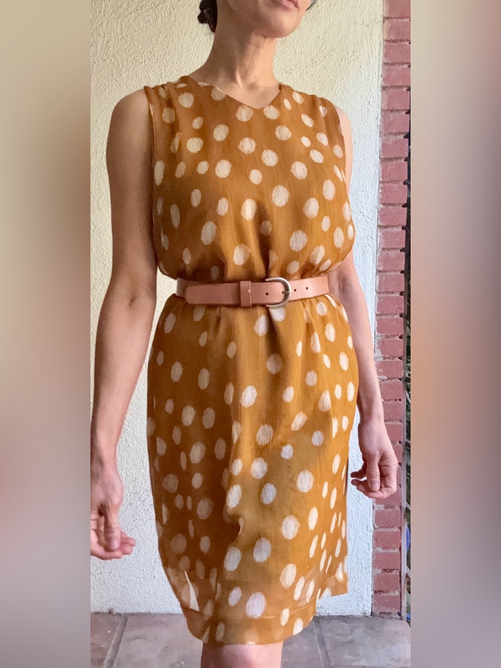 la fee Maraboutee Mustard Polka Dot sleeveless Shift Dress, size 6-8 (eur 38)